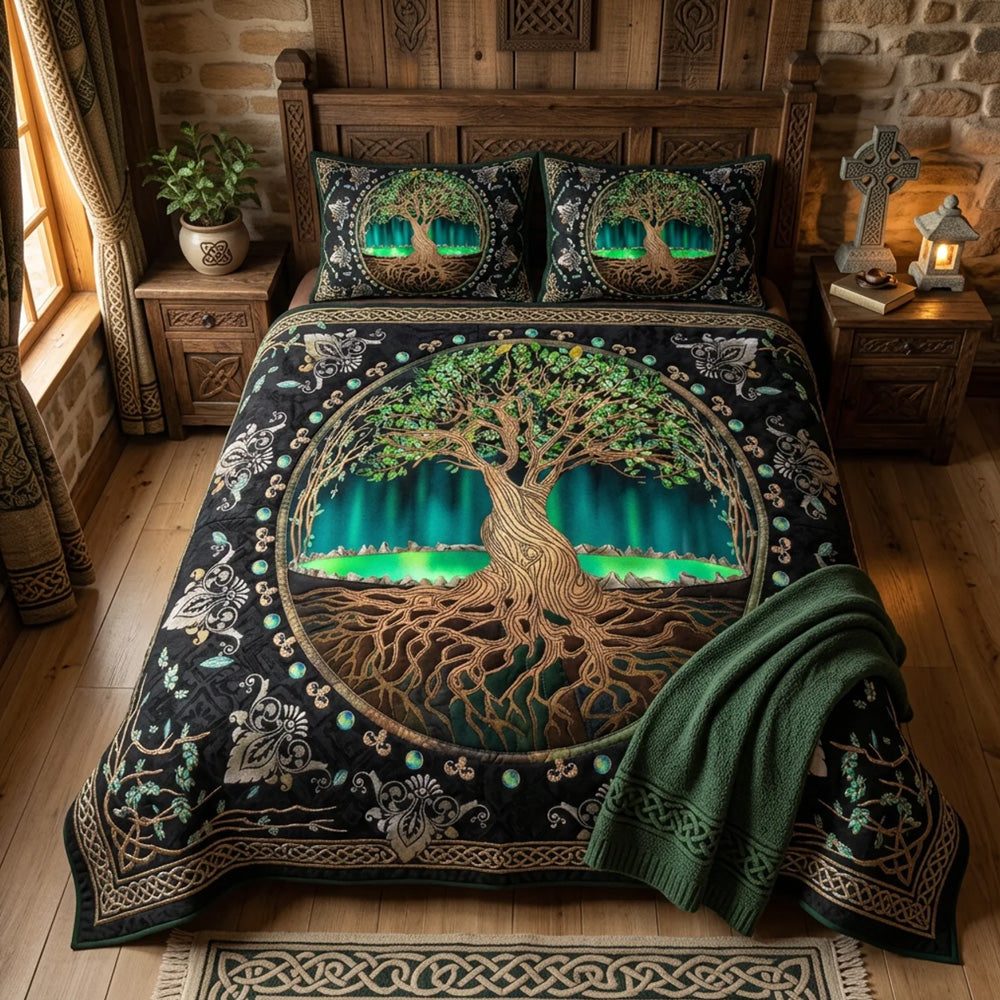 Celtic Roots quilted 3-piece bedding set on a made bed with two matching pillow shams