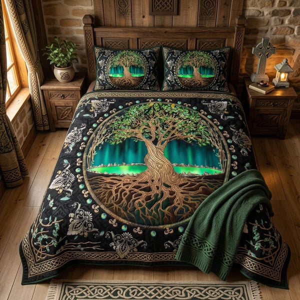Celtic Roots quilted 3-piece bedding set on a made bed with two matching pillow shams