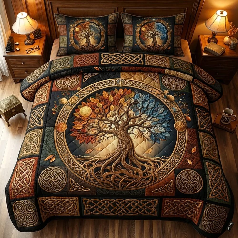 Celtic Roots quilted 3-piece bedding set on a made bed with two matching pillow shams