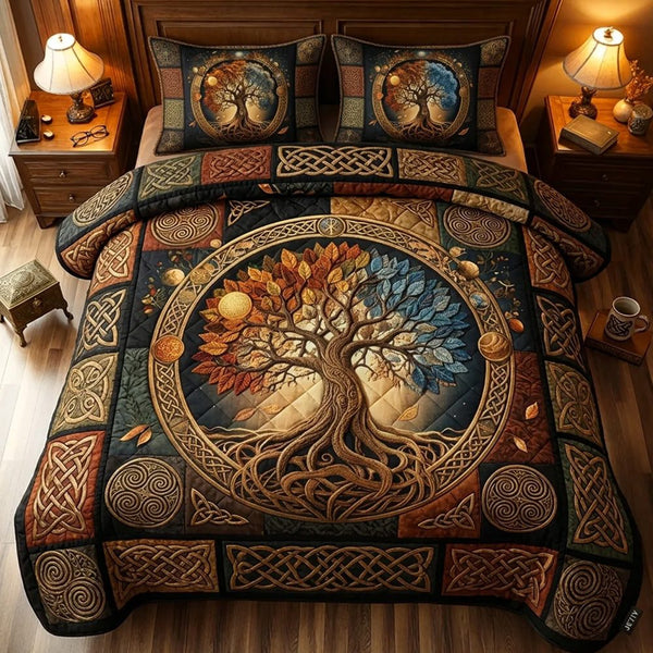 Celtic Roots quilted 3-piece bedding set on a made bed with two matching pillow shams