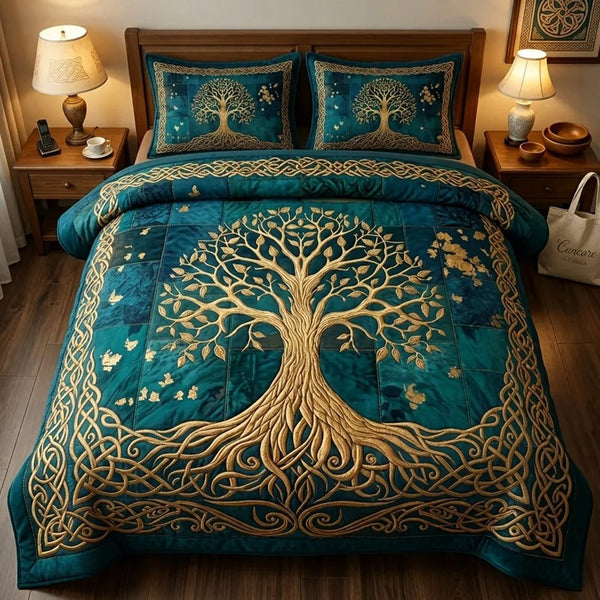 Celtic Roots quilted 3-piece bedding set on a made bed with two matching pillow shams