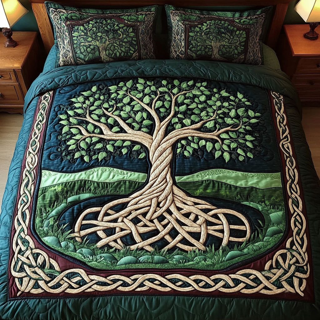 Celtic Roots quilted 3-piece bedding set on a made bed with two matching pillow shams