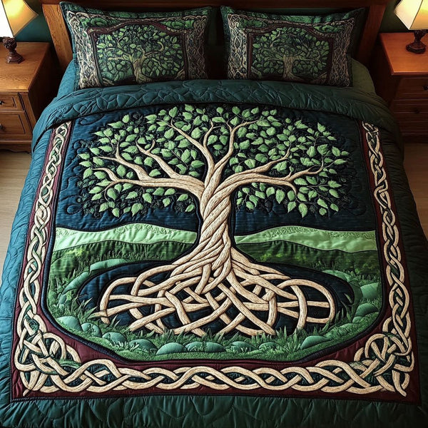 Celtic Roots quilted 3-piece bedding set on a made bed with two matching pillow shams
