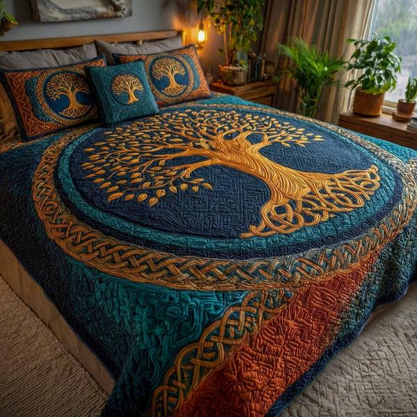 Celtic Roots quilted 3-piece bedding set on a made bed with two matching pillow shams