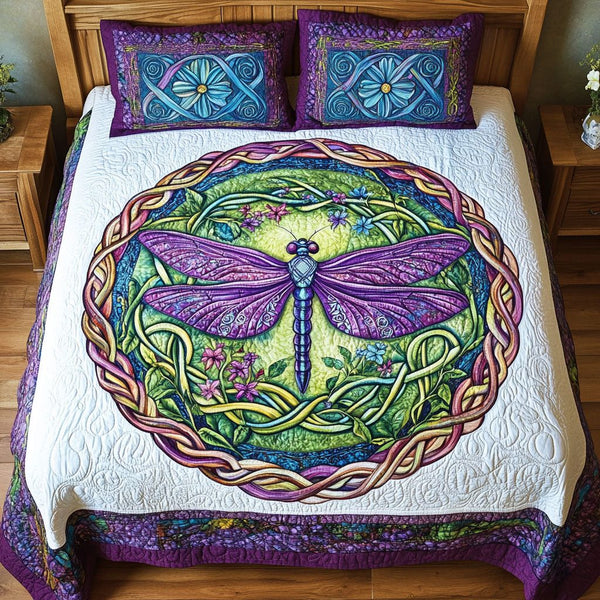 Celtic Serenity quilted 3-piece bedding set on a made bed with two matching pillow shams