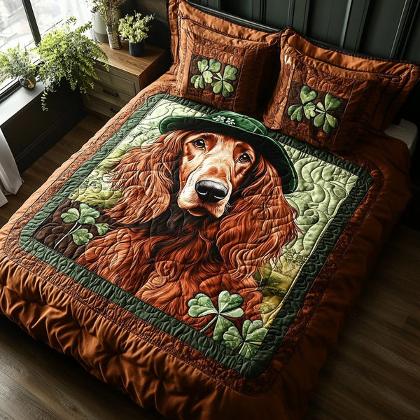 Celtic Setter quilted 3-piece bedding set on a made bed with two matching pillow shams