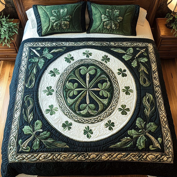 Celtic Shamrock Dreams quilted 3-piece bedding set on a made bed with two matching pillow shams
