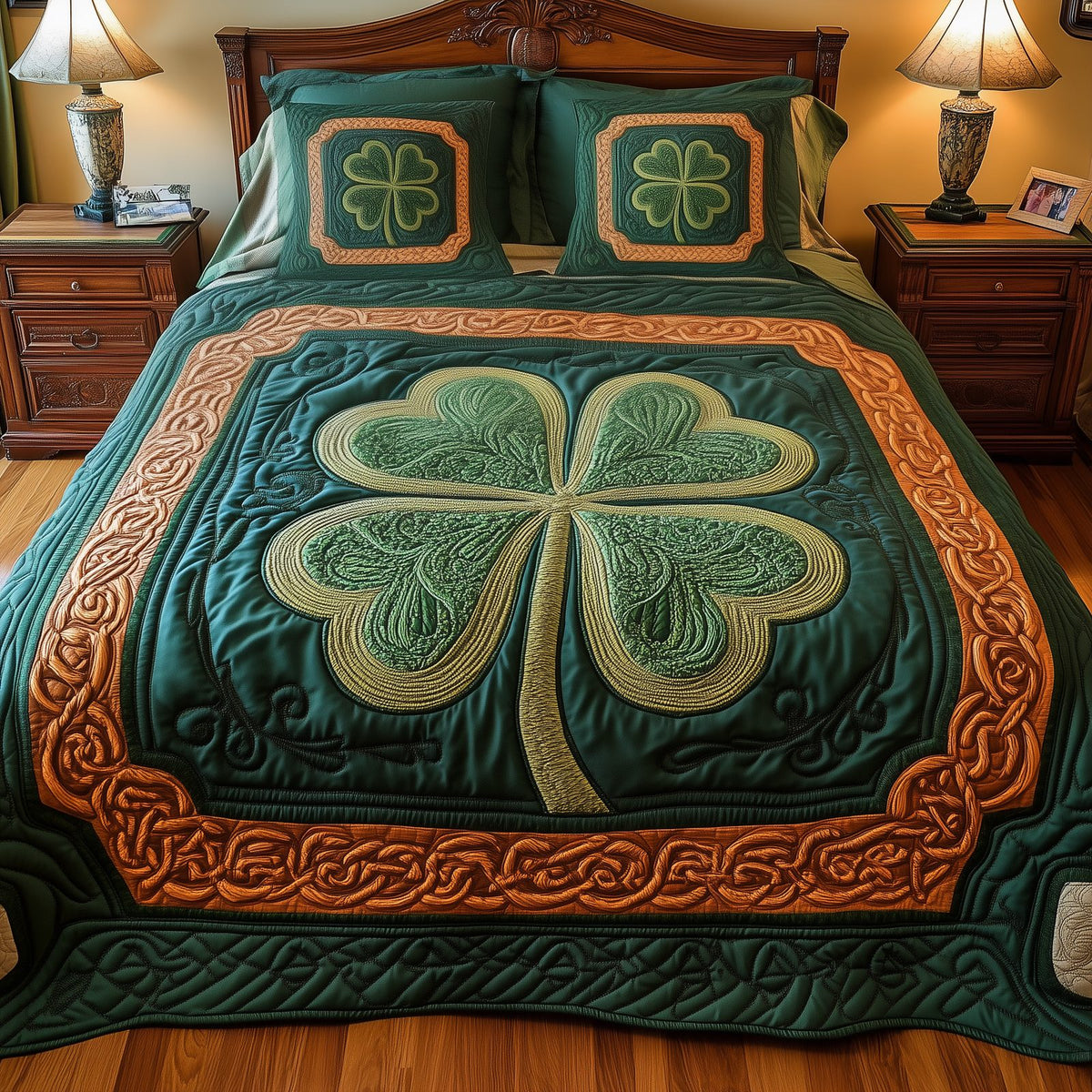 Celtic Shamrock quilted 3-piece bedding set on a made bed with two matching pillow shams