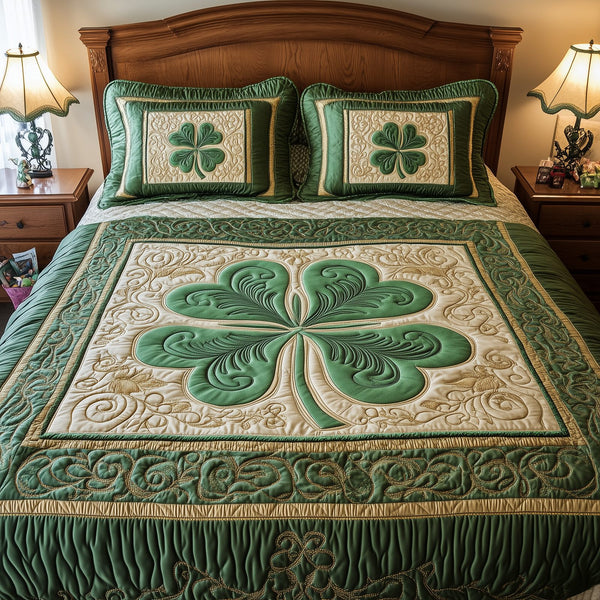Celtic Shamrock quilted 3-piece bedding set on a made bed with two matching pillow shams