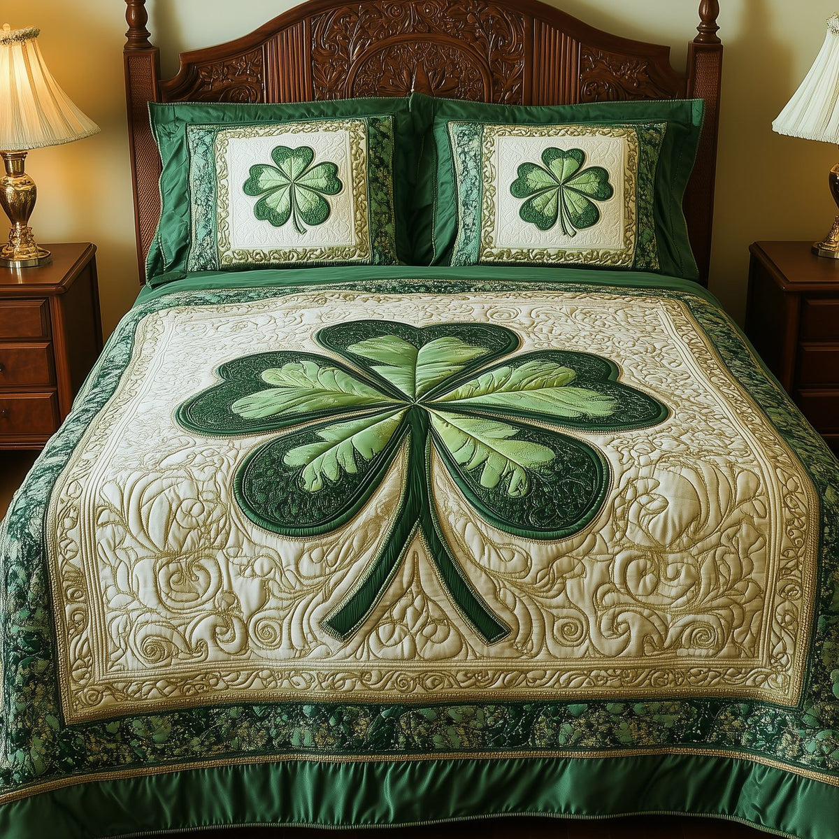 Celtic Shamrock quilted 3-piece bedding set on a made bed with two matching pillow shams