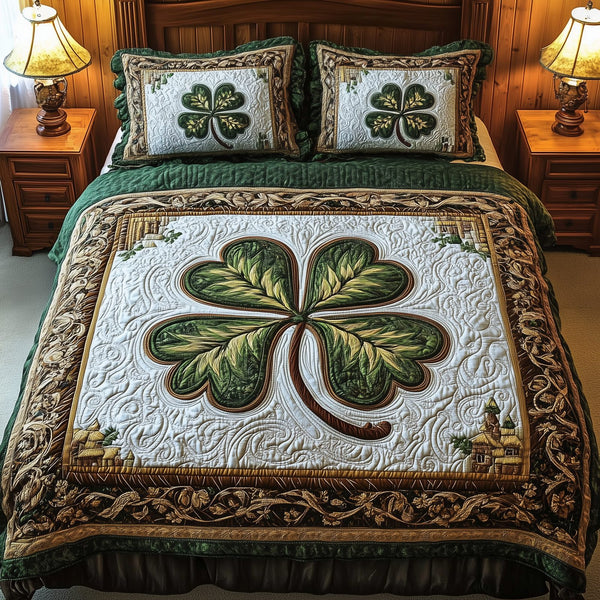 Celtic Shamrock quilted 3-piece bedding set on a made bed with two matching pillow shams