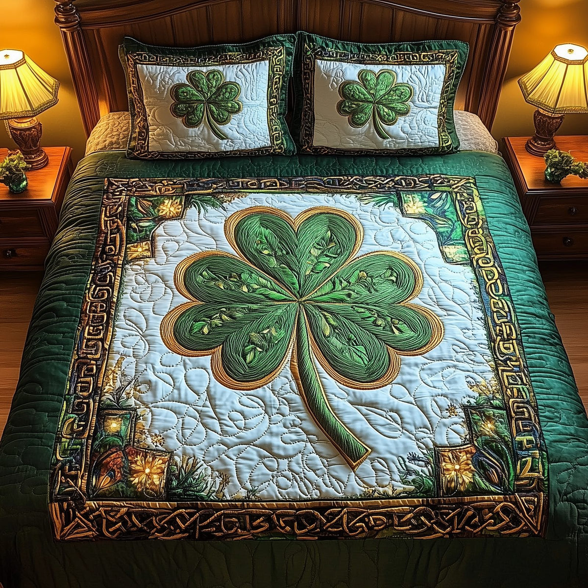Celtic Shamrock quilted 3-piece bedding set on a made bed with two matching pillow shams