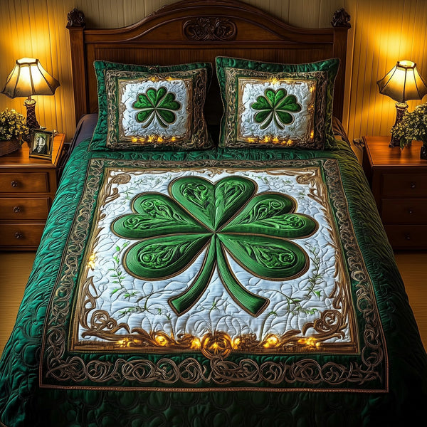 Celtic Shamrock quilted 3-piece bedding set on a made bed with two matching pillow shams