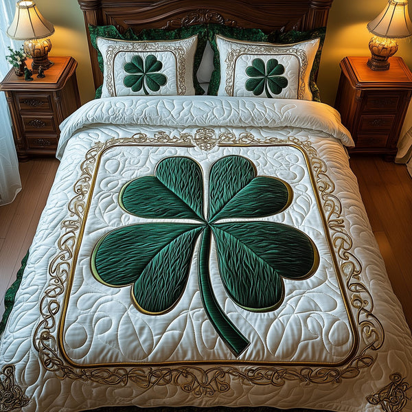 Celtic Shamrock quilted 3-piece bedding set on a made bed with two matching pillow shams