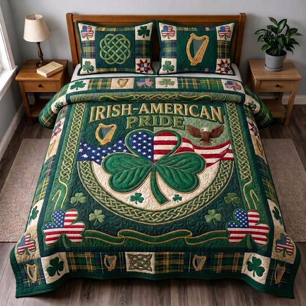 Celtic Spirit quilted 3-piece bedding set on a made bed with two matching pillow shams