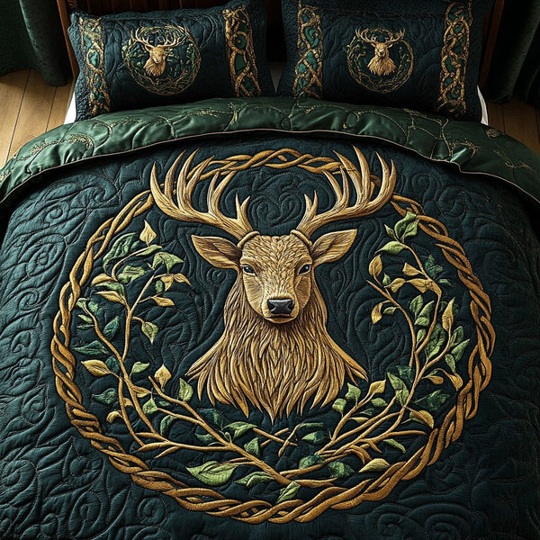 Celtic Stag Dream quilted 3-piece bedding set on a made bed with two matching pillow shams