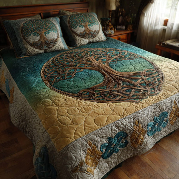 Celtic Tide quilted 3-piece bedding set on a made bed in a light coastal bedroom