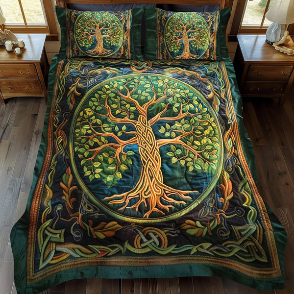 Celtic Tree of Life Art quilted 3-piece bedding set on a made bed with two matching pillow shams