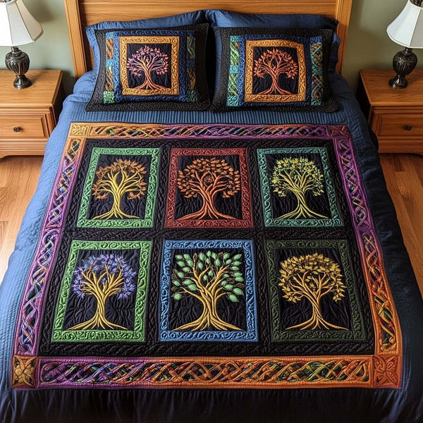 Celtic Twilight quilted 3-piece bedding set on a made bed with two matching pillow shams