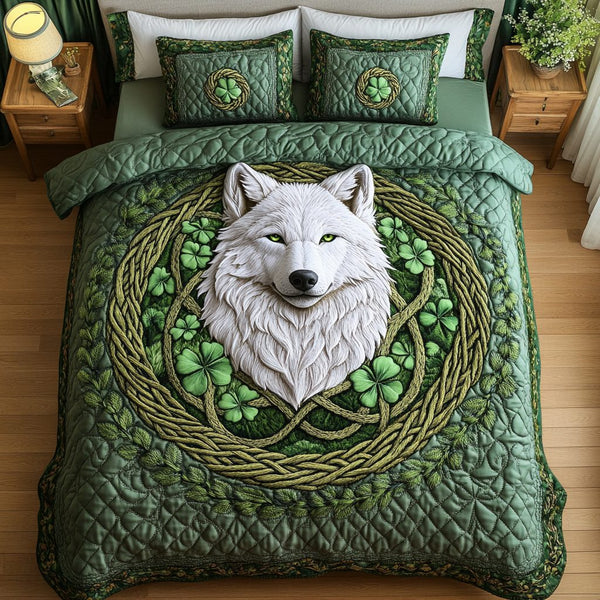 Celtic Wolf quilted 3-piece bedding set on a made bed with two matching pillow shams