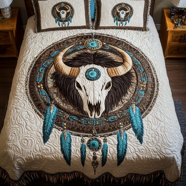 Ceremonial Rest quilted 3-piece bedding set on a made bed with two matching pillow shams