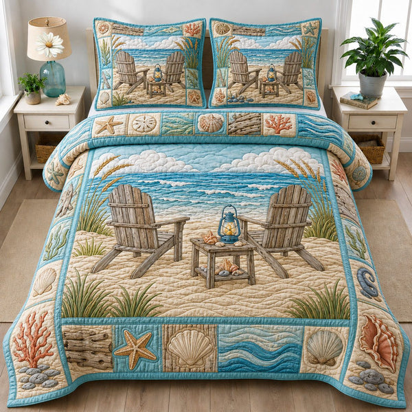 Chair At Sea quilted 3-piece bedding set on a made bed in a light coastal bedroom