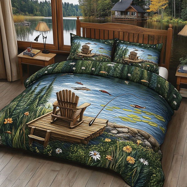 Chair by the Lake quilted 3-piece bedding set on a made bed with two matching pillow shams
