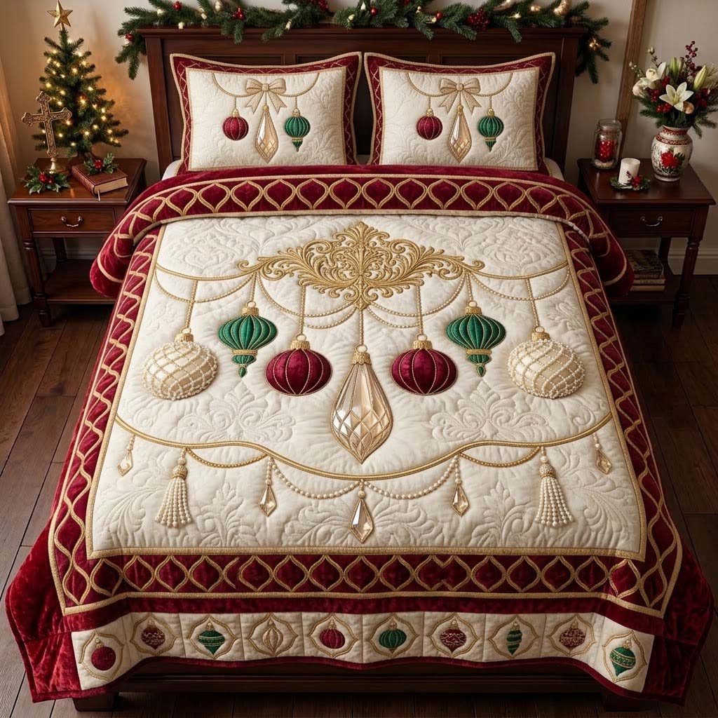Champagne Ornament Chandelier quilted 3-piece bedding set on a made bed with two matching pillow shams
