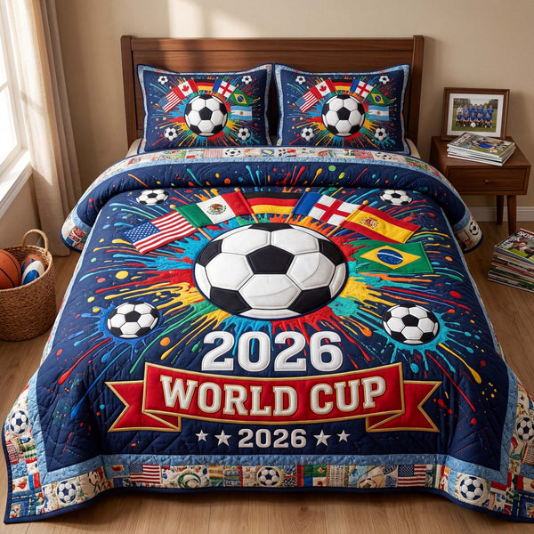 Champions Burst quilted 3-piece bedding set on a made bed with two matching pillow shams