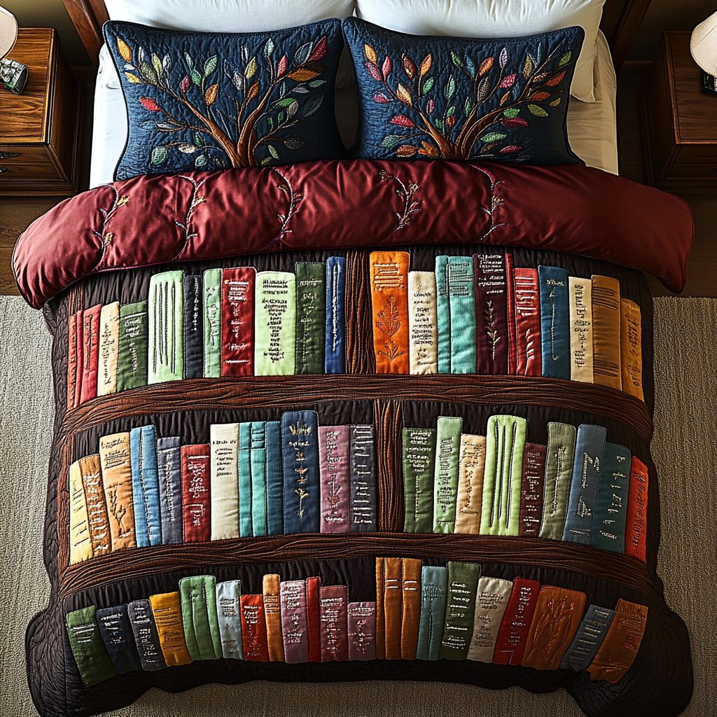 Chapter Corner quilted 3-piece bedding set on a made bed with two matching pillow shams