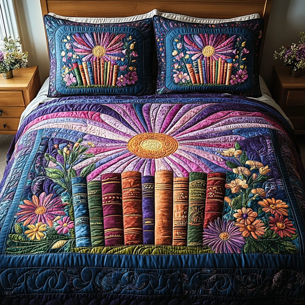 Chapters in Bloom quilted 3-piece bedding set on a made bed with two matching pillow shams