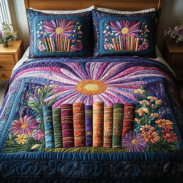 Chapters in Bloom quilted 3-piece bedding set on a made bed with two matching pillow shams
