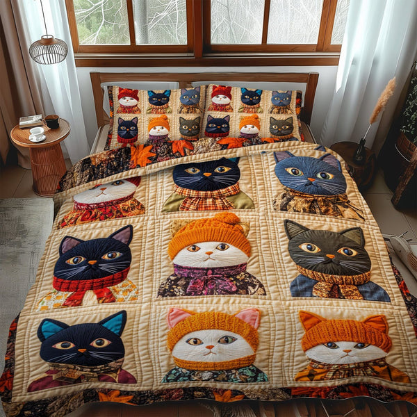 Charming Autumn Cat quilted 3-piece bedding set on a made bed with two matching pillow shams