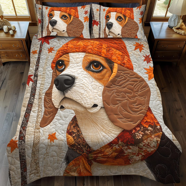 Charming Beagle quilted 3-piece bedding set on a made bed with two matching pillow shams