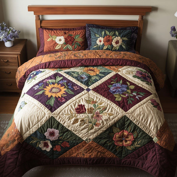 Charming Blooms quilted 3-piece bedding set on a made bed with two matching pillow shams