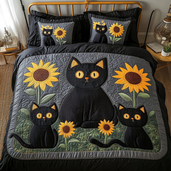 Charming Cat quilted 3-piece bedding set on a made bed with two matching pillow shams