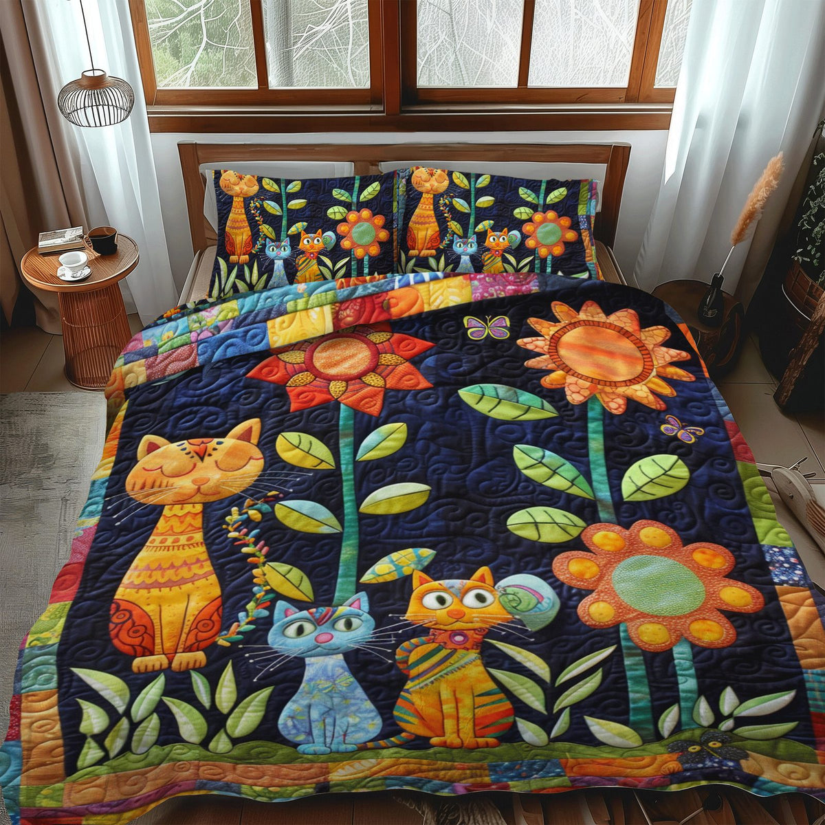 Charming Cat quilted 3-piece bedding set on a made bed with two matching pillow shams