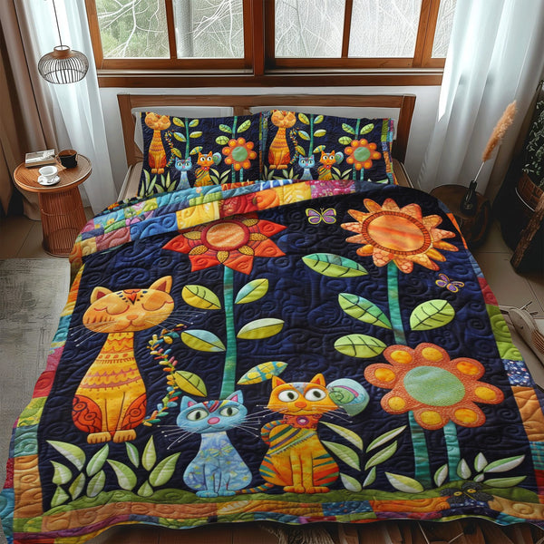 Charming Cat quilted 3-piece bedding set on a made bed with two matching pillow shams