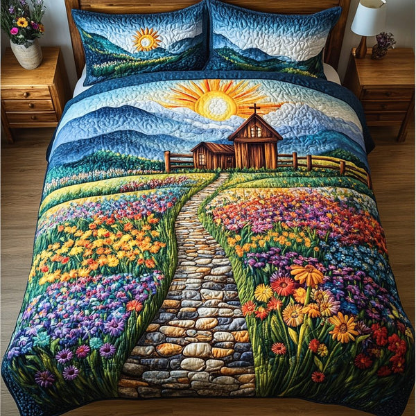 Charming Church quilted 3-piece bedding set on a made bed with two matching pillow shams