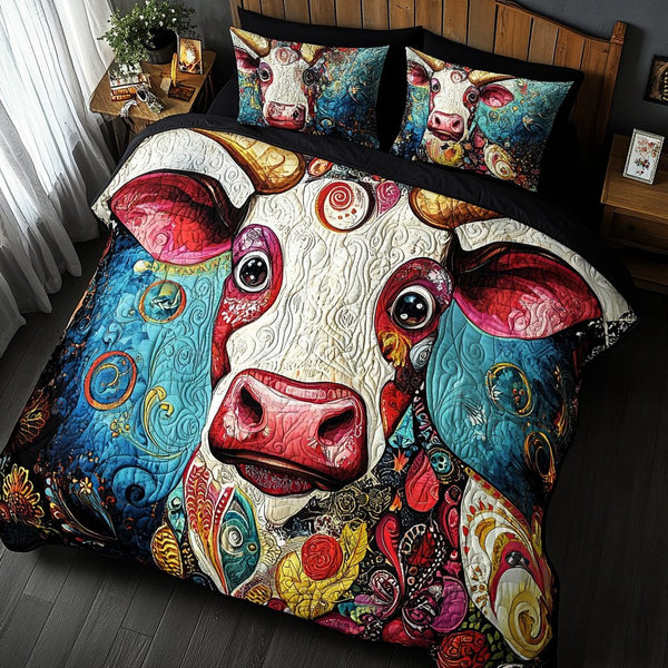 Charming Cow quilted 3-piece bedding set on a made bed with two matching pillow shams