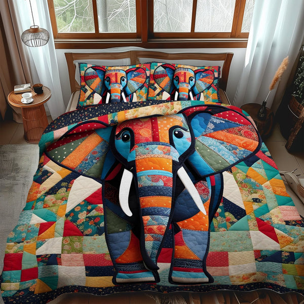 Charming Elephant quilted 3-piece bedding set on a made bed with two matching pillow shams