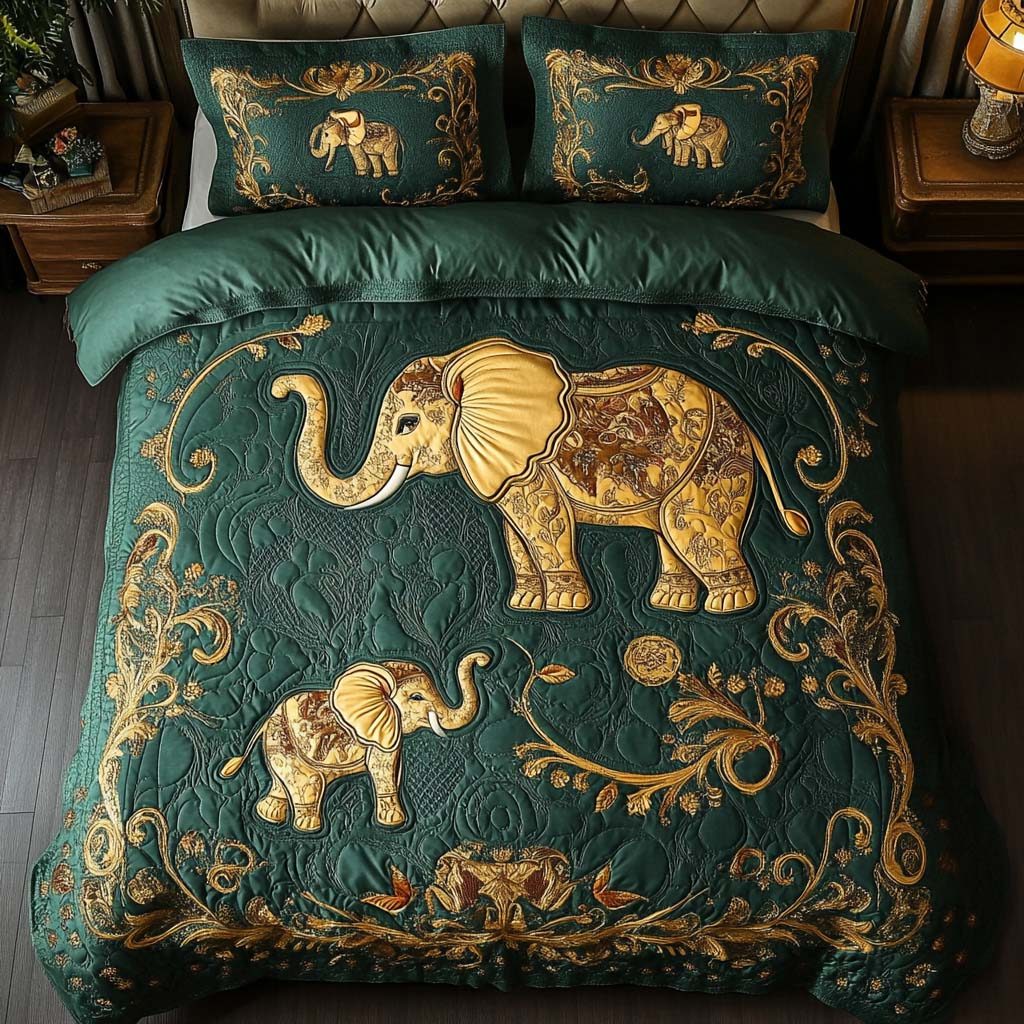 Charming Elephant Tales quilted 3-piece bedding set on a made bed with two matching pillow shams