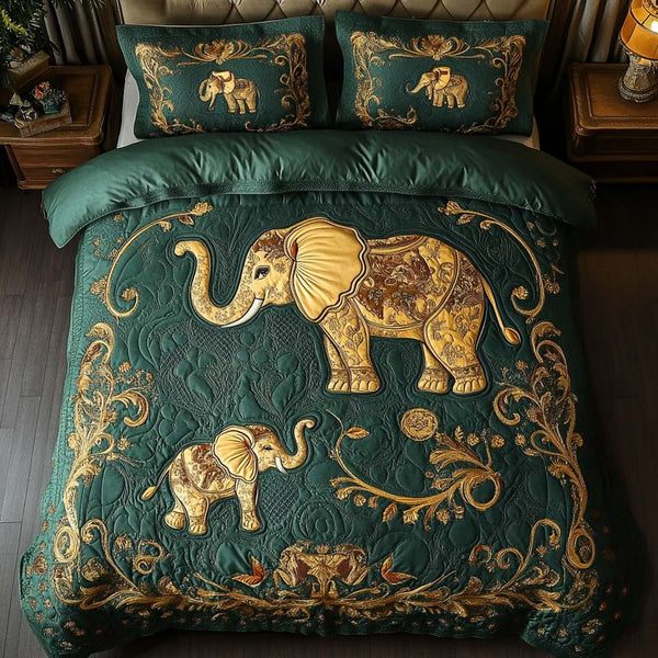 Charming Elephant Tales quilted 3-piece bedding set on a made bed with two matching pillow shams