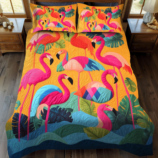 Charming Flamingo quilted 3-piece bedding set on a made bed with two matching pillow shams