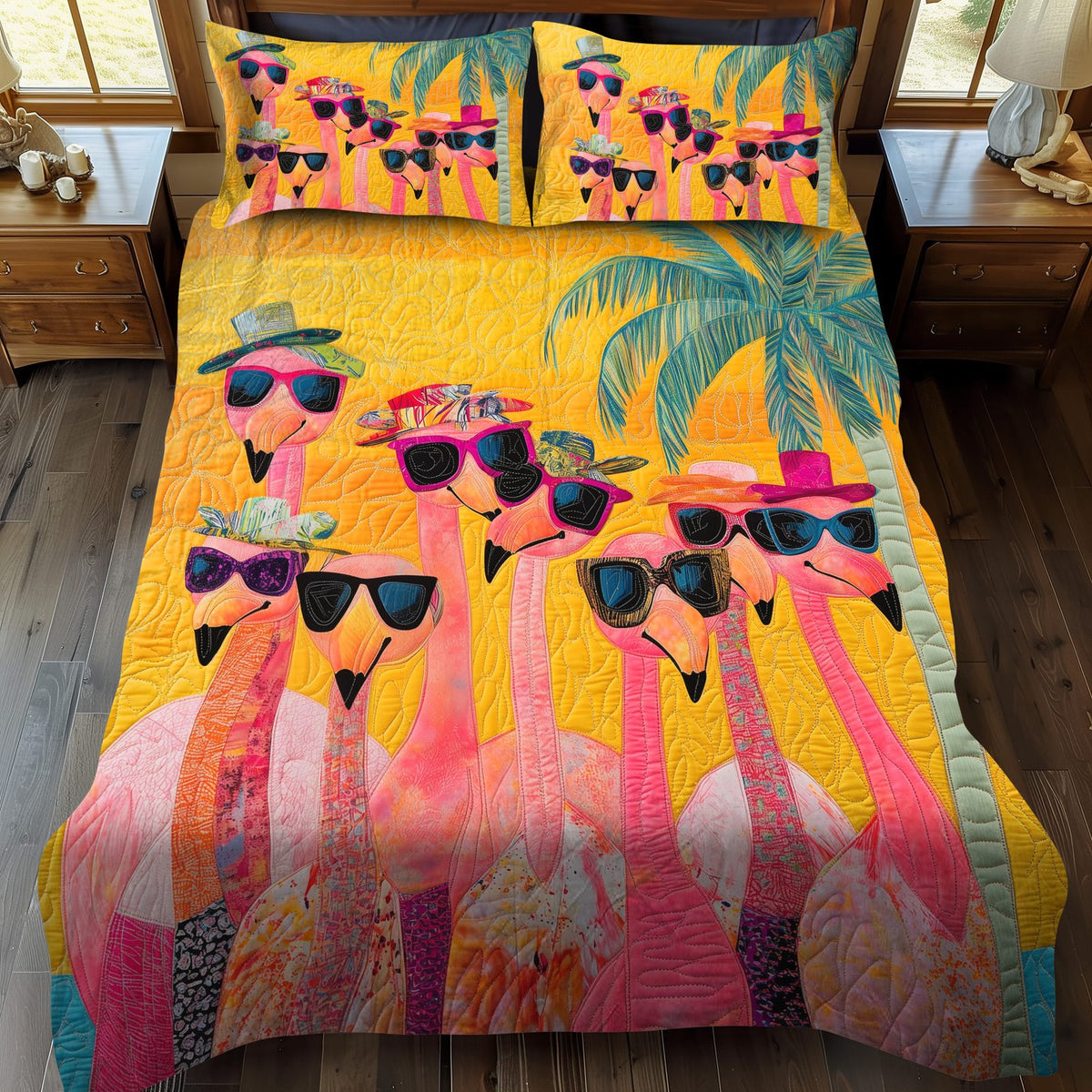 Charming Flamingo quilted 3-piece bedding set on a made bed with two matching pillow shams