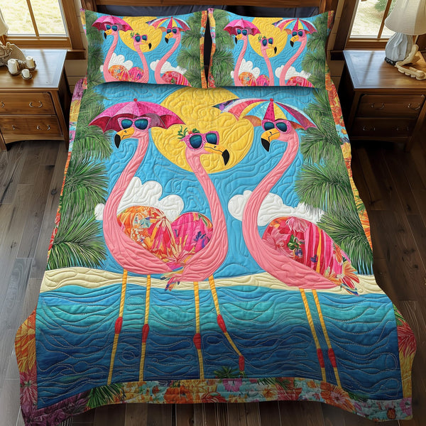 Charming Flamingo quilted 3-piece bedding set on a made bed with two matching pillow shams