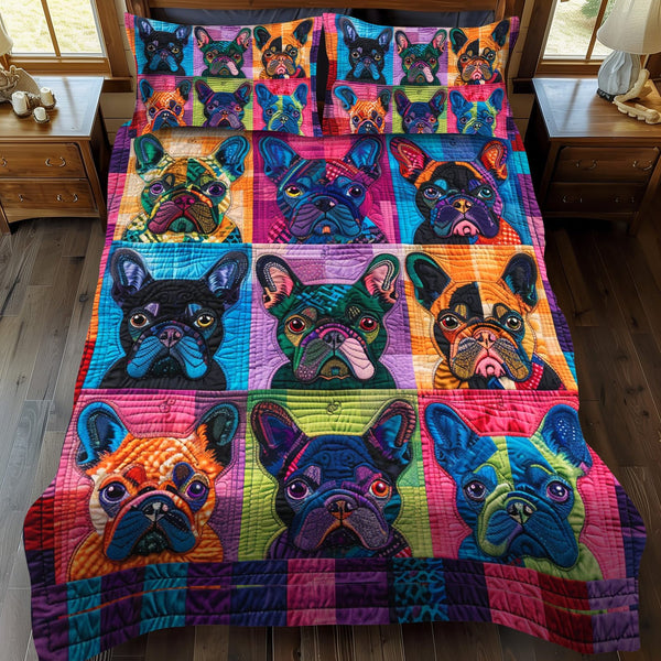 Charming French Bulldog quilted 3-piece bedding set on a made bed with two matching pillow shams