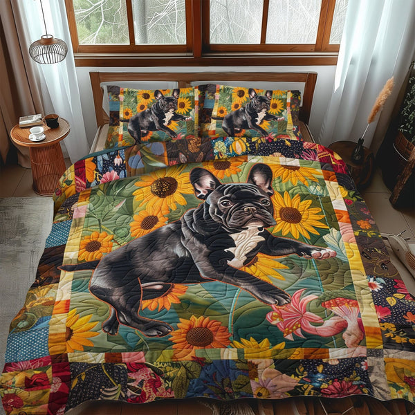 Charming French Bulldog quilted 3-piece bedding set on a made bed with two matching pillow shams