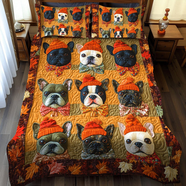 Charming French Bulldog quilted 3-piece bedding set on a made bed with two matching pillow shams