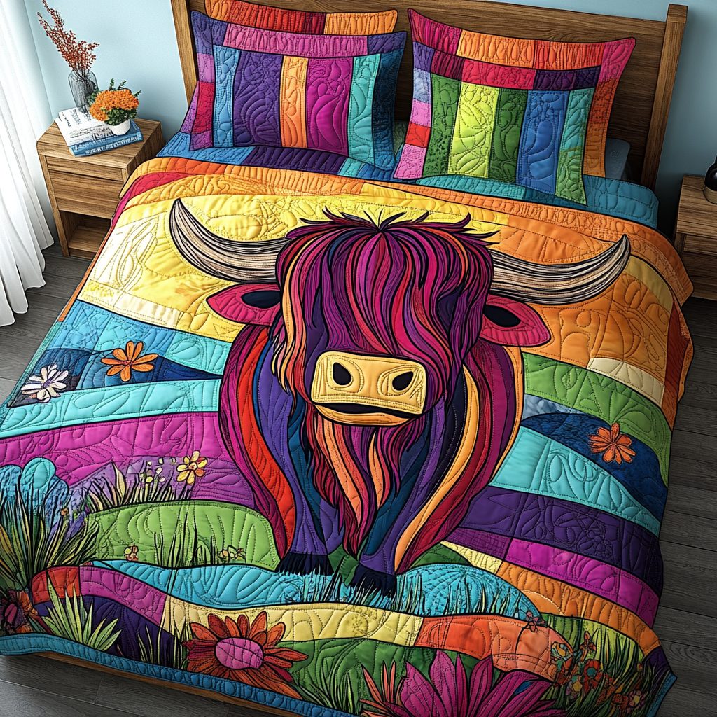 Charming Highland Moo quilted 3-piece bedding set on a made bed with two matching pillow shams